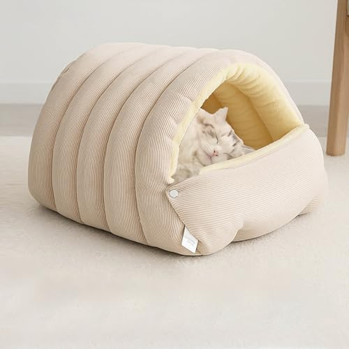 Gemütliches Hundehöhle Katzenhöhle, 45 * 30 * 19cm Haustierhöhle mit Abnehmbarem Kissen, Gemütliches Kokon-Hundebett mit Höhlenbezug für kleine Hunde zum Nickerchen und Schlafen (Beige)