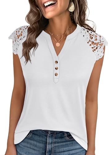 ANRABESS Womens Tops Dressy Casual Lace Cap Sleeve Henley Shirts Summer Sleeveless Button Up Blouses 2026 Spring Outfits White Small