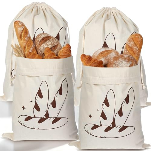 JJUNW 4 bolsas de pan de lino, 40 x 30 cm, bolsas de pan para mantener frescas, reutilizables, con cordón, para pan, baguette, frutas, verduras