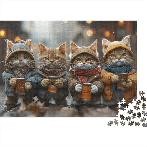 Chats en Hiver Confortable 1000 pièces Puzzle Chats Doux Tasses Carton Solide pour Collectionneurs de Puzzle Entraînement Cognitif 70x50cm