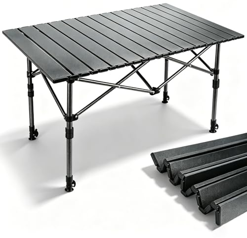 Mrilary Campingtisch Klappbar, Klapptisch Höhenverstellbar 95x55cm | Camping Falttisch mit Ablagenetz, Tasche, Schwarz Campingtisch Faltbar für Picknick Camping Garten Kochen Angeln Outdoor