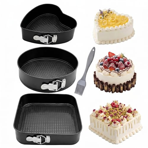 Springform Cake Baking Tins, 3pcs Cake Tin with Brush, Non-Stick | Loose Bottom Tins, Heart Round Square 20/22/24cm, Locking Tin for Cheesecake Traybakes Bread (Black)