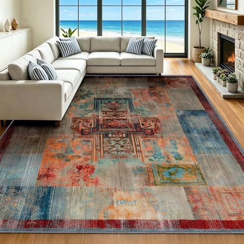 Alfombras lavables para dormitorio, sala de estar, 120 x 160 cm, alfombras étnicas bohemias, alfombra suave de pelo corto, lana sintética geométrica, retazos, alfombra antideslizante para comedor y