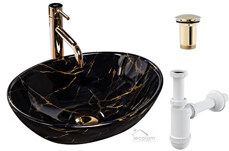 ECOLAM® Aufsatzwaschbecken Sofia Black Marble schwarz Hochglanz glamour Keramik Handwaschtisch Waschbecken Waschschale Marmor - Muster Steinmuster oval + Pop Up Ventil Gold glänzend + Siphon