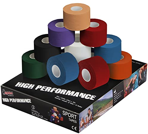 ALPIDEX 12 x Cinta Adhesiva Deportiva 3,8 cm x 10 m Diferentes CoIores Sport Tape 100% Algodón Inelástica Balonmano Fútbol Voleibol Escalada, Color:colores surtido