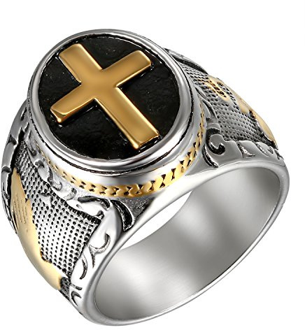 Flongo Herrenring Rosenkranz-Ring, Edelstahl Ring, Schwarz, Silber, Gold, Daumenring, Siegel Kreuz Kruzifix, Männer Herren-Accessoires, Größe 57mm