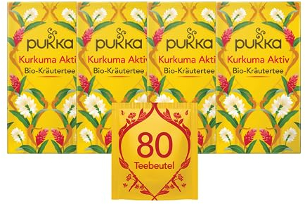 Pukka Tee Set, Bio Kräutertee Kurkuma Aktiv / Kurkuma, Ingwer & Orange, Ingwer, Kurkuma, Brennnessel und Orange, Für einen aktiven Lebensstil, 4er Pack, 80 Teebeutel