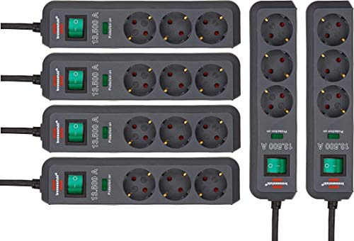 6er Pack Brennenstuhl Eco-Line, Steckdosenleiste 3-Fach mit Überspannungsschutz (mit Schalter und 1,5m Kabel - besonders stromsparend) Farbe: anthrazit