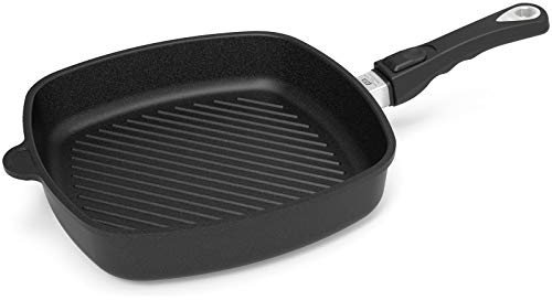 AMT Gastroguss Eckpfanne 28 x 28 cm, 5 cm hoch, mit Grillboden, abnehmbarer Stiel, induktionsgeeignet, Lotan® Antihaft-Veredelung, Gusspfanne (Aluguss), AMZN-I-E285G-Z20B