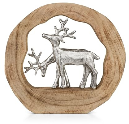 Moritz Dekofigur Rentiere im Holzring aus Mangoholz und Aluminium 27,5 cm Moderne Holzskulptur mit Zwei Rentieren für Tisch Kommode oder Fensterbank Handarbeit Unikat im natürlichen Design