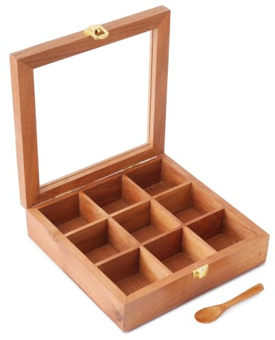 Ajuny Wooden Spice Box with Glass Lid on Top 9 Fixed Compartments & 1 Spoon | Handcrafted Masala Dabba Organizer Countertop Spice Storage Container Kitchen & Dining Gift Ideas for Seasonings & Herbs 8x8