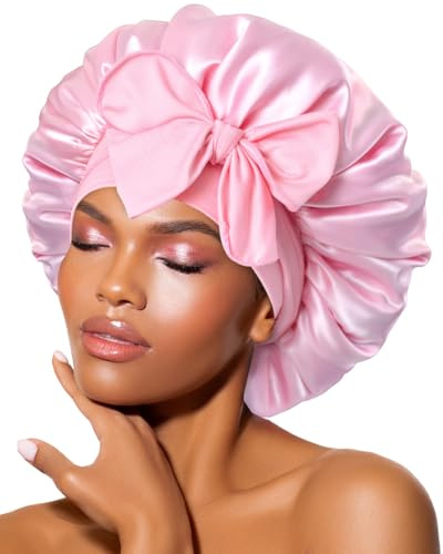 BONNET QUEEN Satin Sovhuvor för Damer Silkesmössa för Sovande Kvinnor, Satin Sovmössa med Justerbart Huvudband för Lockigt, Rosa