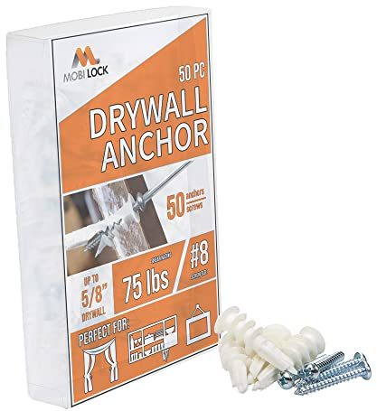 50pcs Self Drilling Drywall Anchors #8 and 50 Phillips Pan Head Self Tapping Screws for Gypsum Boards, Drywalls or Plasterboards - Holds up to 75Lbs or 34Kg - by Mobi Lock