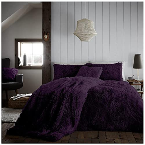 GC GAVENO CAVAILIA Luxurious Teddy Fleece Duvet Cover Double, Super Soft Fluffy Hug and Snug Quilt Covers With Pillowcases, Thermal & Snuggle Fur Bedding, Purple, 3 Pieces