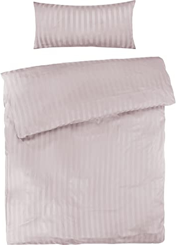 Pure Label Mako Satin Damast Streifen Bettwäsche rosa 135 x 200 cm mit Kissenbezug 40 x 80 cm aus 100% Baumwolle | Traumhaft weiches Mako Satin Bettwäsche Set in Uni