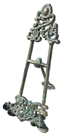 handchic Decorative Metal Easel Stand, Vintage Turquoise Cast Iron, Ornate Scroll Design, 13.4x5.5 Inches, Display Holder for Art, Photo, Book,Tablet and More