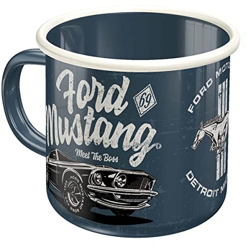 Nostalgic-Art Retro Emaille-Tasse, 360 ml, Ford Mustang – The Boss | Original Ford Lizenzprodukt (OLP), Camping-Becher für Kaffee, Vintage Design, Geschenk-Idee für Ford-Fans