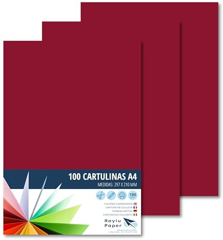 RAYLU PAPER Färgade papper A4, 100 st. färgade ark, 180 g/m², 210 x 297 mm, färgat papper för kontor och hantverk (granat)