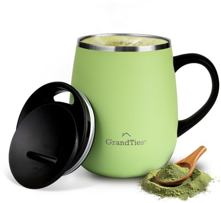 GRANDTIES Insulated Coffee Mug with Handle Sliding Lid for Splash-Proof 16 oz Wine Glass Shape Thermal Tumbler with Double Walled Vacuum Stainless Steel to Keeps Beverages Hot or Cold-Fresh Mint