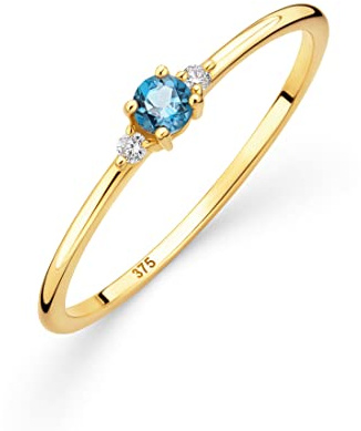 Orovi Joyería de oro para mujer, anillo de oro con zafiro/amatista/rubí/esmeralda/topacio y 2 diamantes de 0,03 ct, anillo trilogía, anillo de compromiso, piedra preciosa, oro amarillo de 9 quilates