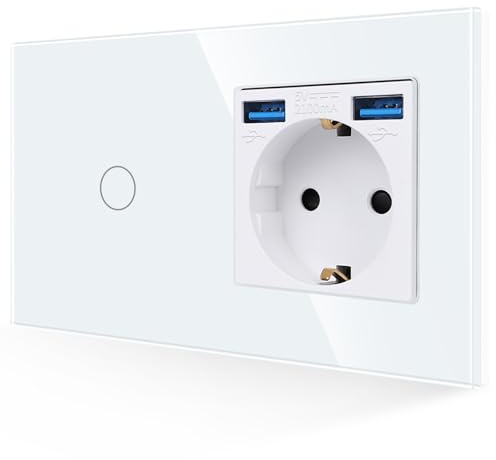 JIMEIDA Toma USB con interruptor de luz en blanco, Toma Schuko 3 en 1 de cristal de empotrar 16A con 2 cargadores USB (2.1A), interruptor de pared táctil de 1 vía 1 pin con LED de estado, 86mm*157mm