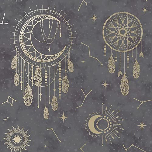 Dreamcatcher Black Gold Wallpaper - Metallic Stars Constellation Space Feathers Kids Bedroom Nursery Modern