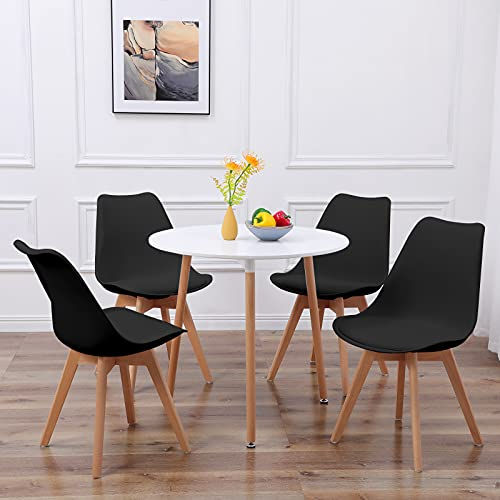 FURNITABLE Set aus Runder Esszimmertisch mit 4 Schwarzem Stühlen | Küchentisch-Set | Esszimmergruppe für Esszimmer Küche Wohnzimmer | 3-Bein-Tisch weiß