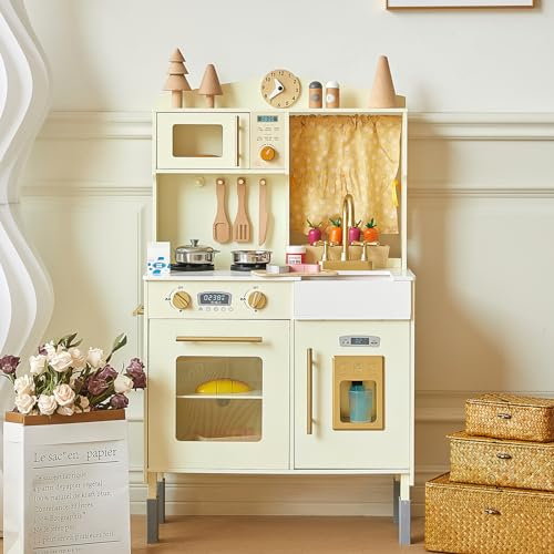 Giant bean Toy Kitchen, Wooden Play Kitchen for Kids Age 3+, Equipped with Toy Microwave, Play Sink, Ice Maker, Oven, Cookware and Kitchen Accessories, Pretend Play Food Toys