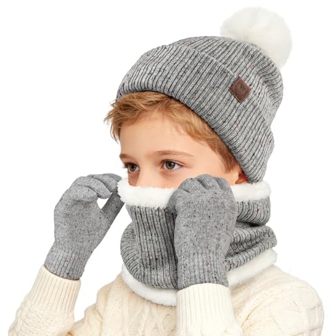 OZERO Kinder Winter Set (6-12 Jahre) - Strickmütze Loop Schal Thermo Handschuhe mit Fleece-Futter,Rutschfeste Handschuhe, Warmes 3er Set für Jungen & Mädchen,Outdoor Spielen & Kindergarten