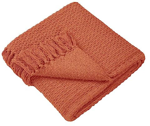 Drift Home - Plaid en Terre Cuite avec Pompon (200 x 200 cm) - Coton Recyclé Durable - Couverture Tissée/Texturée Orange Extra Large