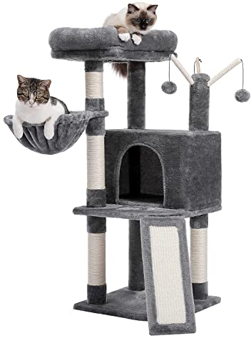 PurpleRain Purplerain Katzenbaum, mehrstufiger Katzenturm für Hauskatzen, Katzenkletterbaum-Condo mit Sisal überzogenen Kratzpfosten, tiefer Hängematte und interaktivem Katzenspielzeug, Grau 105cm