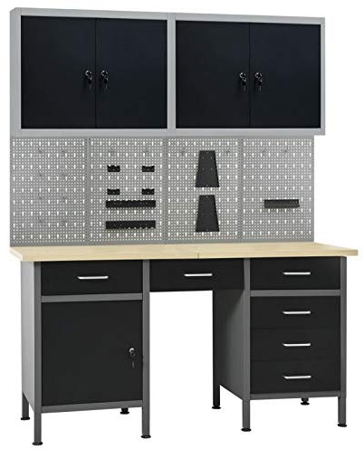 LAPOOH Werkbank mit 4 Werkzeugwänden und 2 Wandschränken, Werktisch, Arbeitstisch, Schweißtisch, Maschinenuntergestell, Werkzeugbank Spanntisch