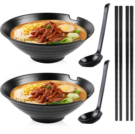 Juego de 2 cuencos de ramen con cuchara y palillos, cuencos de sopa antideslizantes premium, cuencos de ramen de 1000 ml, cuenco grande para sopa, juego de vajilla japonesa para ramen, fideos,