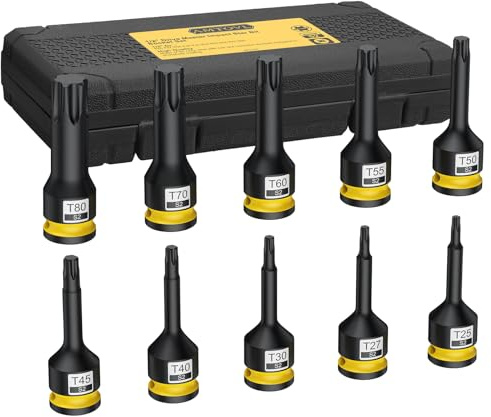 AMTOVL Juego de 10 Llaves de Vaso Torx 1/2,10PCS Llaves de Vaso(T25-T80),Acero S2,Puntas Torx Impacto 1/2 con Estuche de Plástico para Reparación de Automóviles