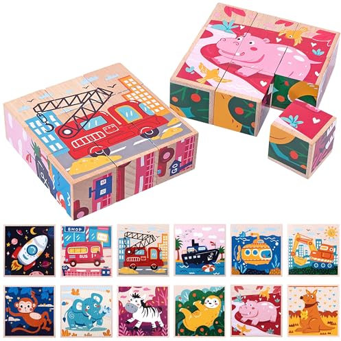Würfelpuzzle Holz, 6 in 1 Tier & Verkehrsmittel Motive Holzpuzzle mit 18 Würfel, Montessori Spielzeug 3D Bilderwürfel Puzzlespiele Geschenk für Kinder Jungen Mädchen ab 3 4 5 Jahren