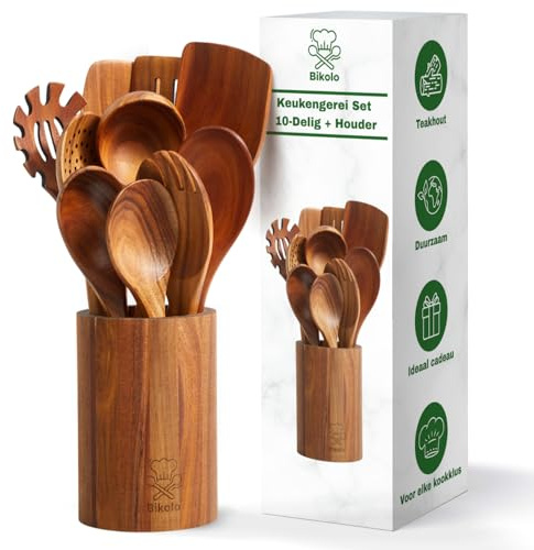 Bikolo® Juego de utensilios de cocina de madera 10 piezas + soporte de utensilios de cocina - Espátula de madera - Cuchara de madera - Juego de cocina - Juego de espátulas - Cucharón de madera - Juego