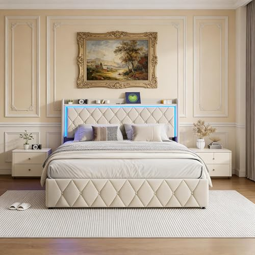 PerGar Hydraulisch Stauraumbett, Polsterbett Doppelbett mit Ladefunktion, Stauraum-Kopfteil Bett, Funktionsbett, für Erwachsene & Jugendliche, Ohne Matratze, Samt, Beige (140x200cm)