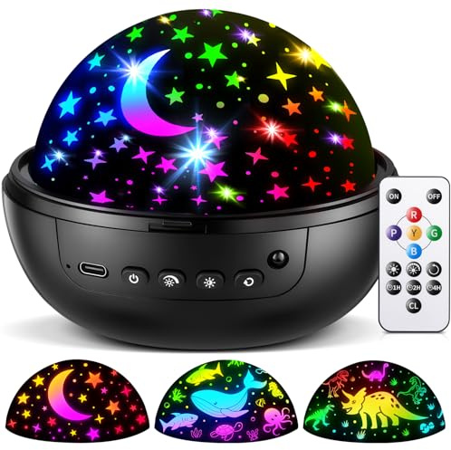 Night Light Projector 93 Lighting 3 Films,Sensory Lights 360° Rotate Timer | 3 Films-Star Moon,Dinosaur,Ocean, Remote Dimmable Star Projector Plug in Night Light Kids, Light Up Sensory Toys for Autism