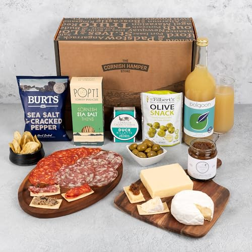 Deluxe Charcuterie Gift Box | Salami, Chorizo, Cheddar, Camembert, Duck Rillette, Olives, Chutney, Crackers & Apple Juice | Meat and Cheese Gift Basket for Women & Men | Birthday, Christmas