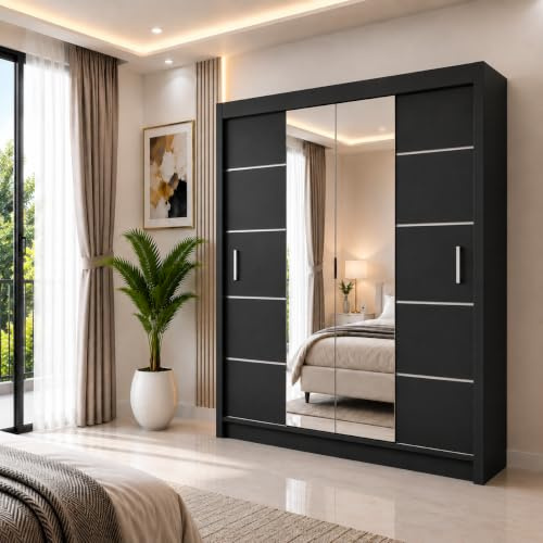 IE INTERIOR EMPORIUM Oslo Mirror Sliding Door Wardrobe – 150cm, 180cm, 203cm, 250cm – Includes 1 LED (Black, 203cm)