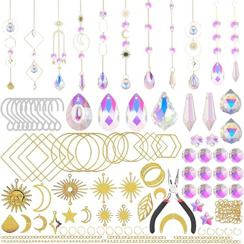 200Pcs Sonnenfänger Kristall Bastelset, BetterJonny DIY Sonnenfänger Fenster Deko Regenbogen Kristall Anhänger Deko Fensterdeko Hängend Sonnen Mond Anhänger Kristalle für Fenster Haus Garten