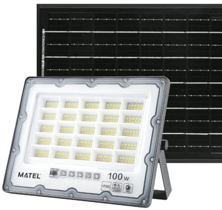 Glowster Proyector LED Solar IP65 100W Gris con luz regulable, ideal para alumbrar exteriores y jardín de manera eficiente y ecológica.