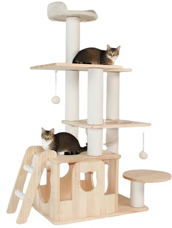 CATURE Árbol para Gatos, 60x40x149cm, Madera Maciza de Pino, con Hamaca Acrílica y Juguetes Colgantes, Blanco
