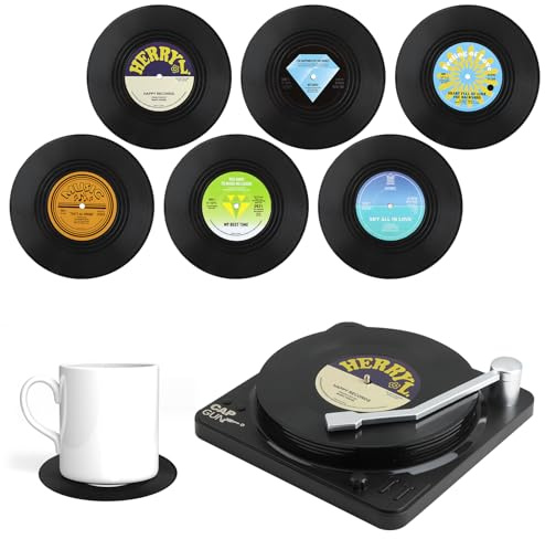 6PCS Vinyl Coasters, Record Player Coasters Retro CD Coasters for Drinks | Record Place Cup Mats for Coffee Tea Beer Mug Wine Glass Home and Bar Decor Idea Lovers and Birthday Gift, Non-Slip Coasters