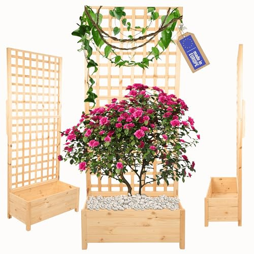 MODO24 Blumenkasten aus Kiefernholz mit Rankgitter, Pflanzkübel mit Spalier Rankhilfe, Hochbeet, Blumenkübel Outdoor Holzkiste für Garten Terrasse Balkon, 190x80x40, Farbe: Natur, Unbehandeltes Holz