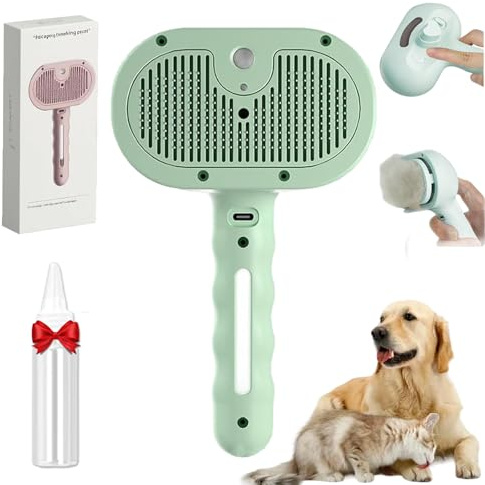 Fellmoment Bürste, Fellmoment 3-in-1 Dampf-Haustierbürste, Katzenbürste Mit Dampf,Selbstreinigende Hunde Spraybürste Zum Haaren,Sanfter,Hygienischer Für Hunde Und Katzen (Grün-mit blauem Lichtspray)