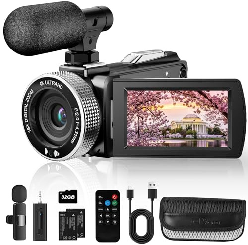 Rumyums 4K Ultra HD Video Camera Camcorder, 48MP Digital Recorder with Wireless Lavalier Microphone, 18X Digital Zoom, Remote Control, 32GB SD Card for Vlogging YouTube Travel