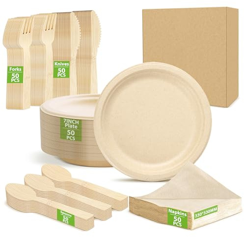 Eco-Friendly MZL Bamboo 250-teiliges Biologisch Abbaubares Partyservice - 7 Zoll runde Teller, Gabel, Messer, Löffel mit 33x33 cm Servietten, kompostierbar & leicht, Einweg-Geschirrset