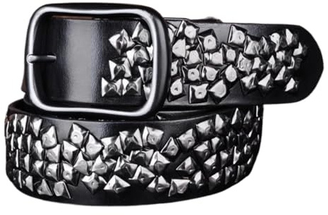 Män Kvinnor Äkta Läderbälte Med Nitar, Metal Punk Rock Goth Nit Ljusa Pyramidnitar, 38 Mm Bredd(Black,115cm/waist:38~40)