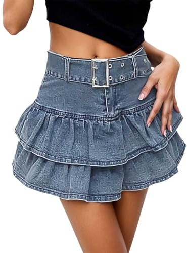 Generico Gonna Donna Gonne da Donna Minigonna Elegante e Versatile Jeans Estiva con Balze – Gonna Corta A Ruota Vita Alta con Cintura, Effetto Snellente E Stile Skater Casual